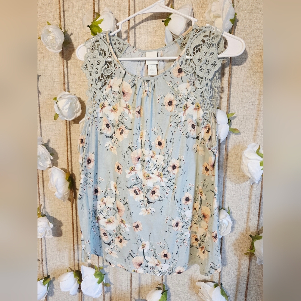H&M Light Blue Floral Crochet Blouse